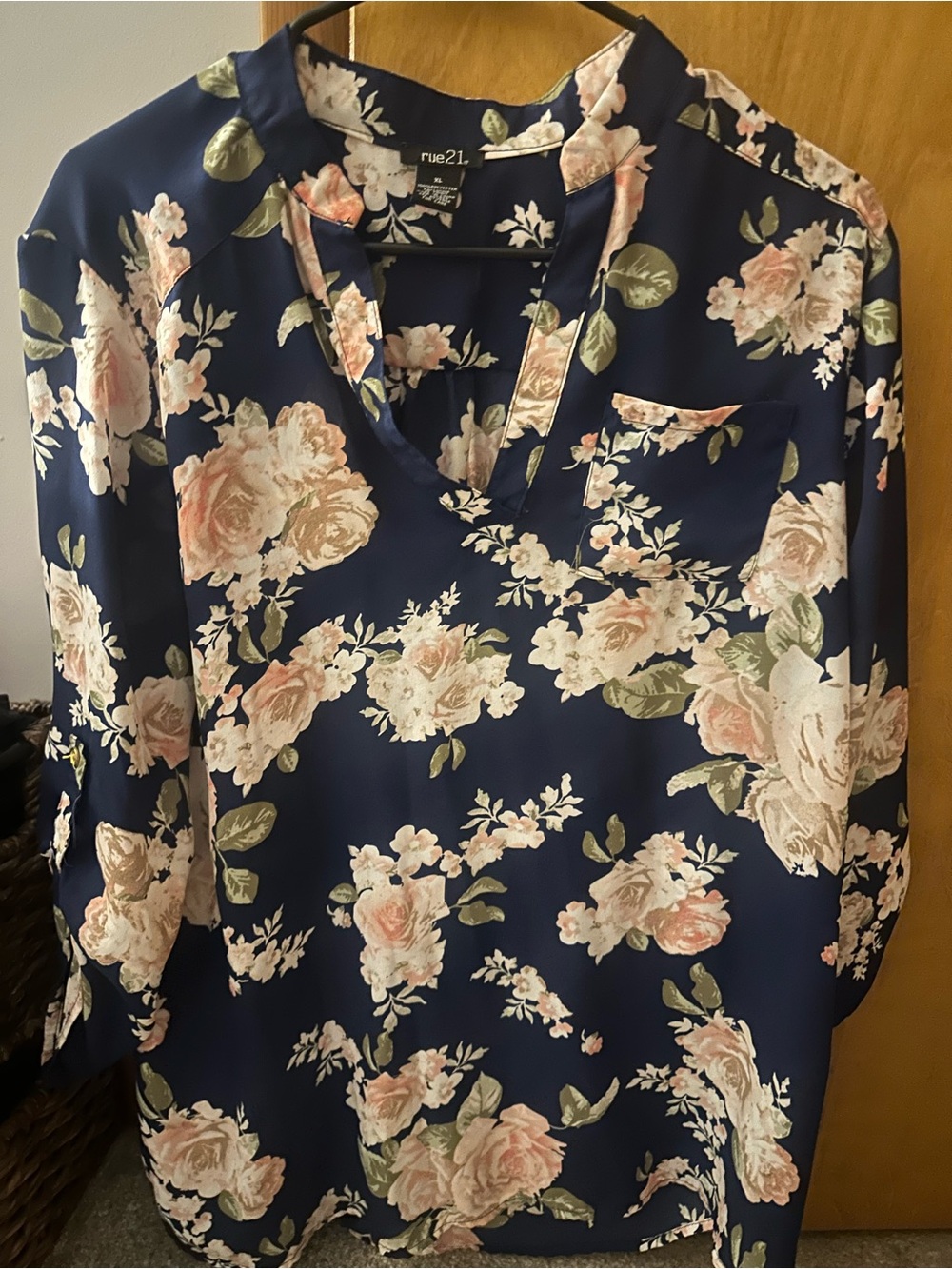 rue21 Navy Floral V-Neck Tunic with Pink and Cream Roses